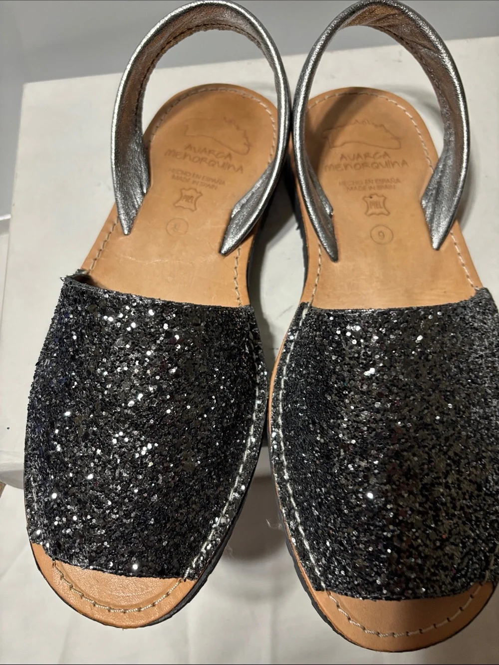 Women's Black Glitter Sandals with Silver Ankle Strap - Picture 1 of 6